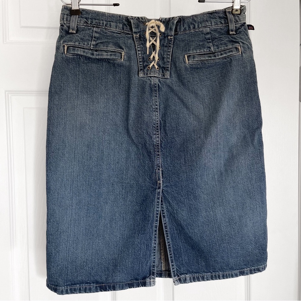 Vintage Ralph Lauren Polo Jeans Lace Up Denim Skirt Stretch Pencil Above Knee